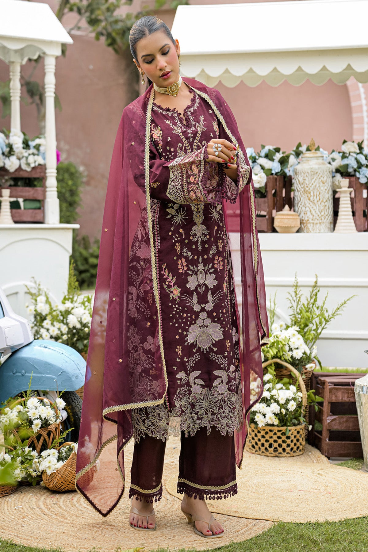 Burgundy Silk Blend/chambray Embroidered Straight Suit Set With Dupatta