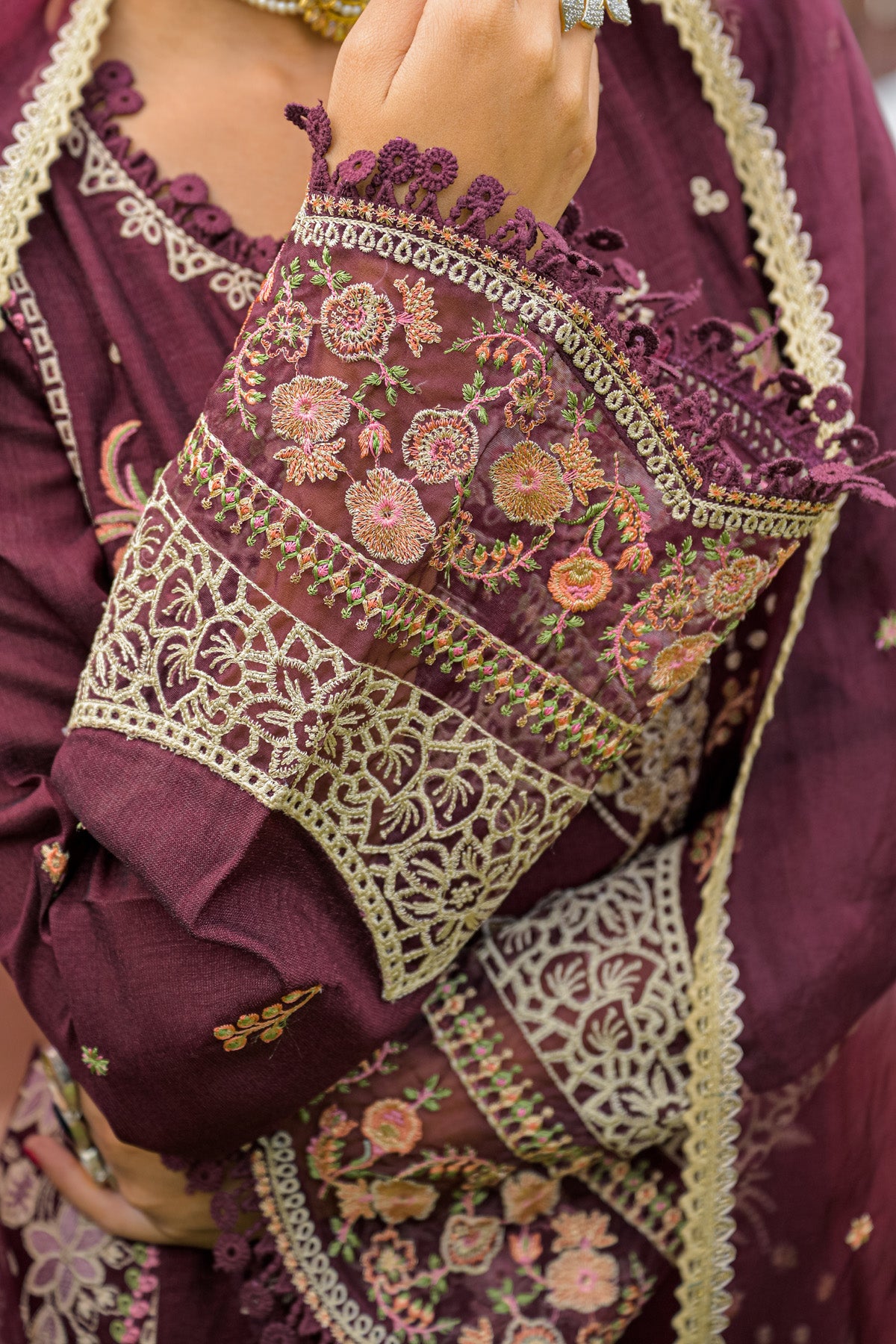 Burgundy Silk Blend/chambray Embroidered Straight Suit Set With Dupatta