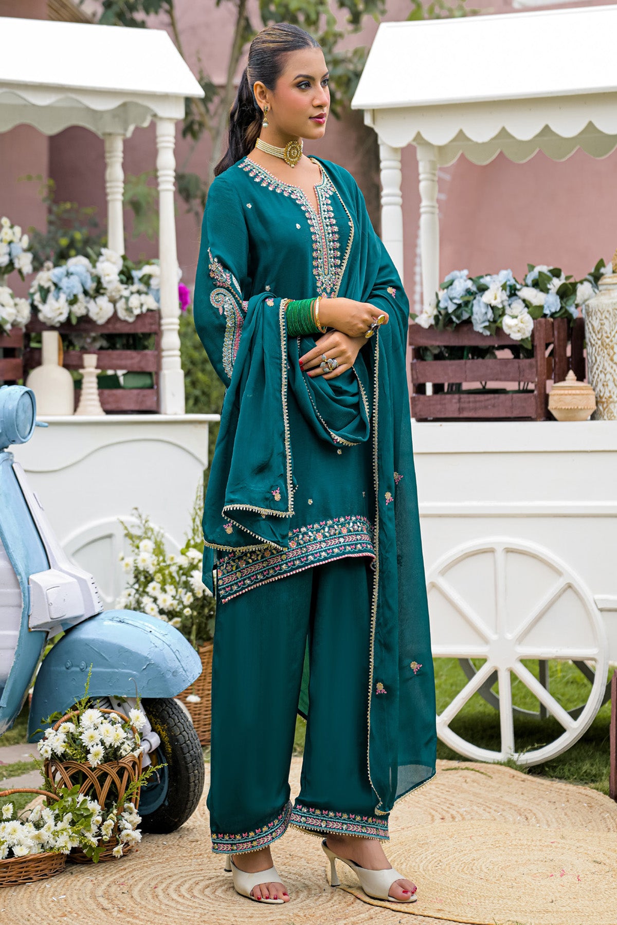 Deep Teal Chinnon Embroidered Straight Suit Set With Dupatta