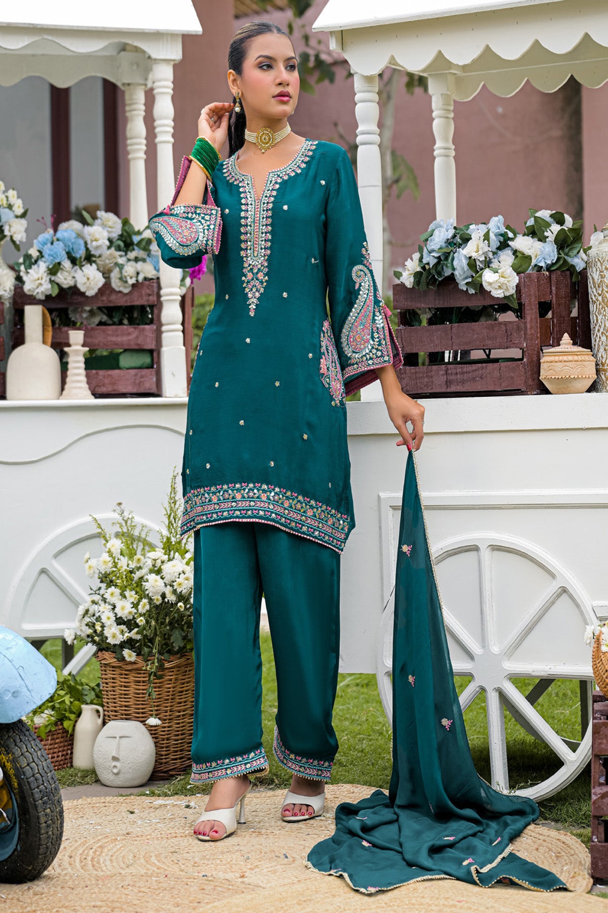 Deep Teal Chinnon Embroidered Straight Suit Set With Dupatta