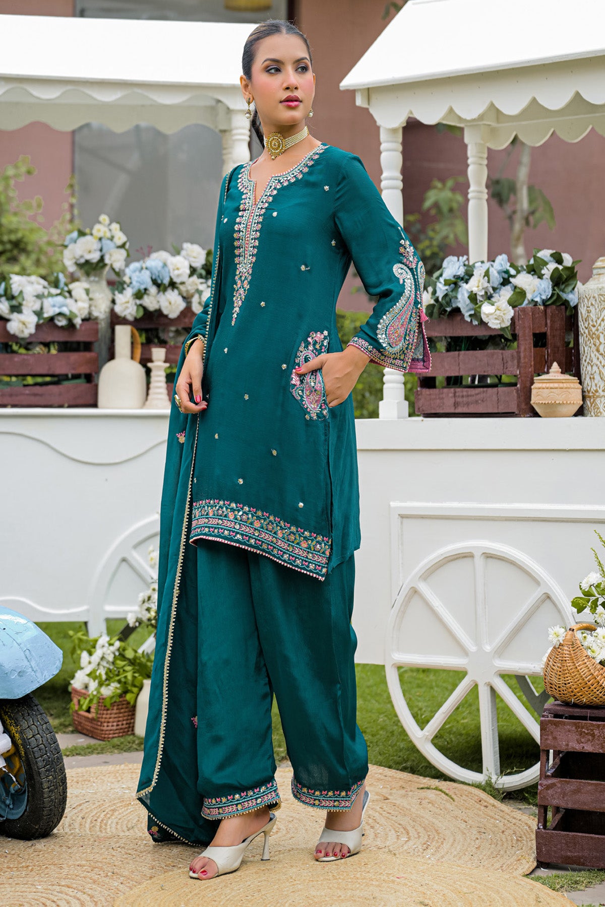 Deep Teal Chinnon Embroidered Straight Suit Set With Dupatta