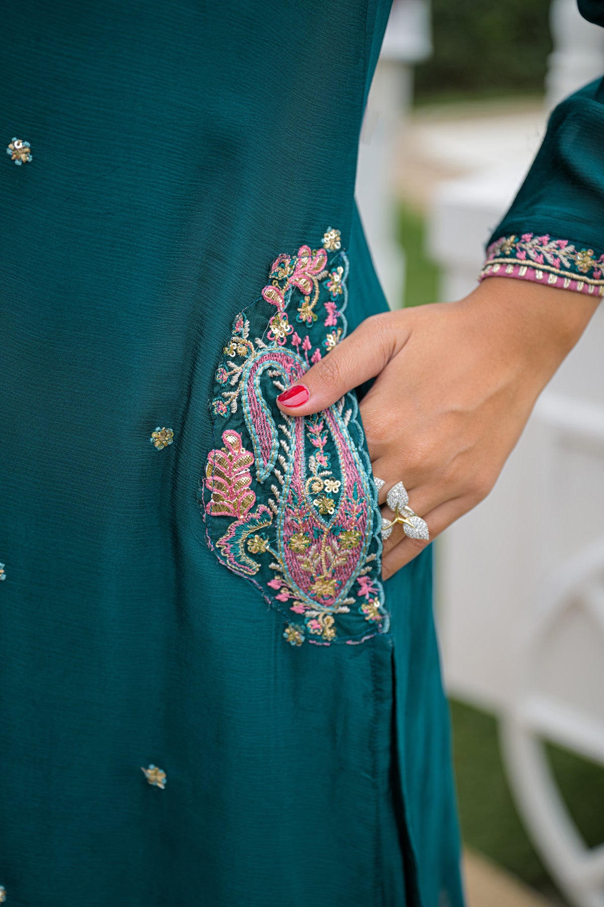 Deep Teal Chinnon Embroidered Straight Suit Set With Dupatta