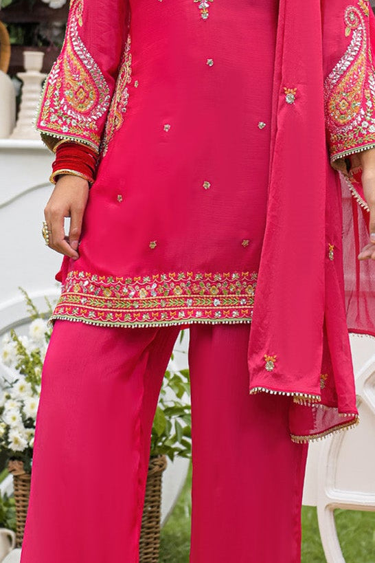 Rani Pink Chinnon Embroidered Straight Suit Set With Dupatta