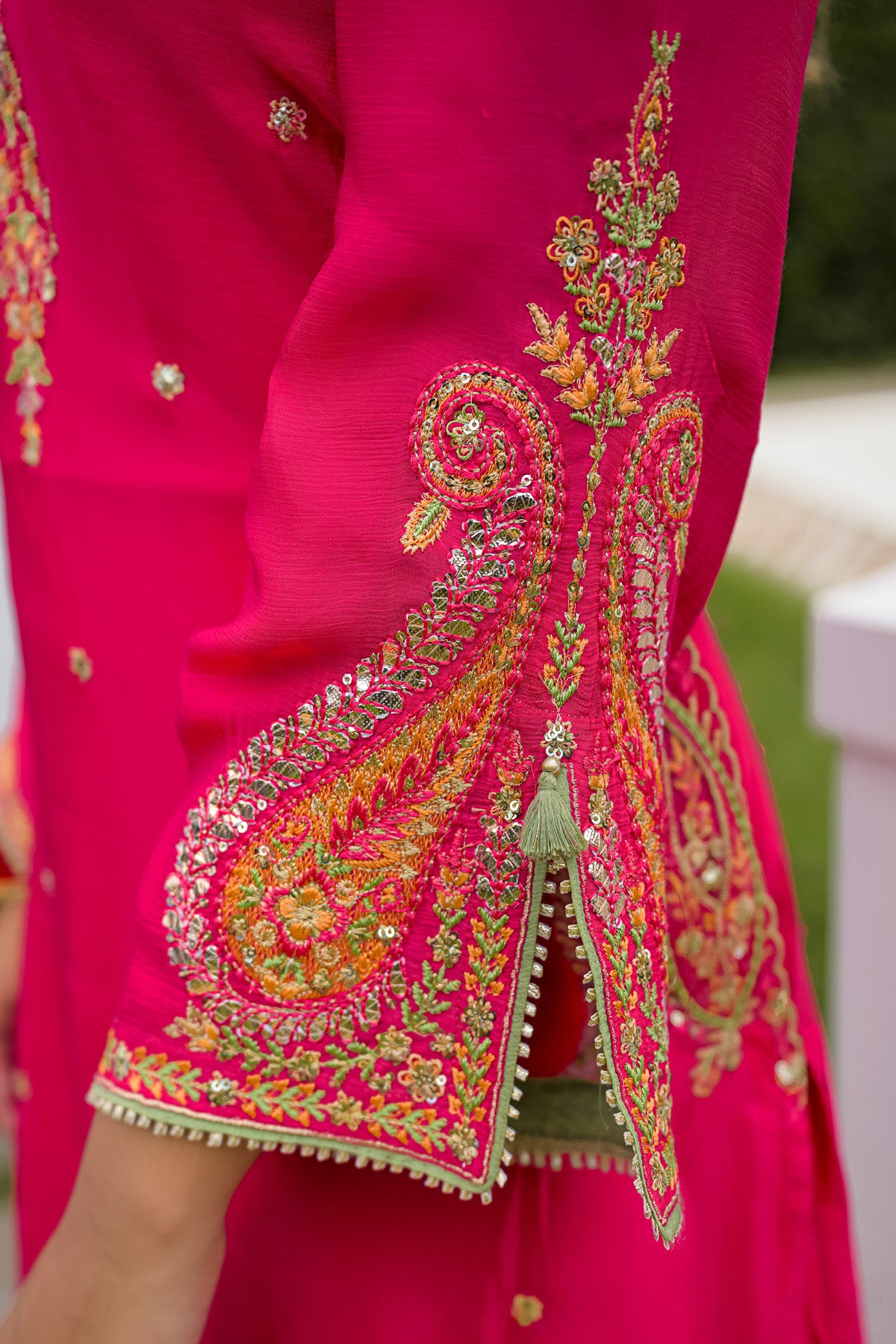 Rani Pink Chinnon Embroidered Straight Suit Set With Dupatta