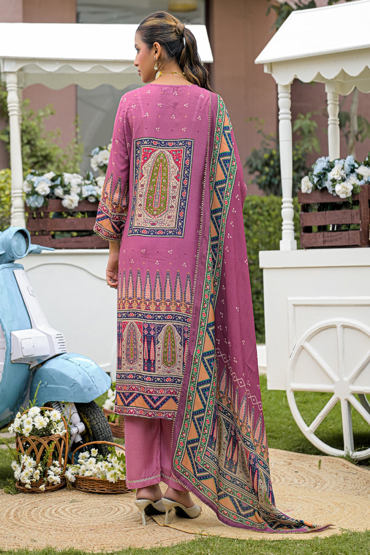 Mauve Pink Muslin Handwork Straight Suit Set With Dupatta