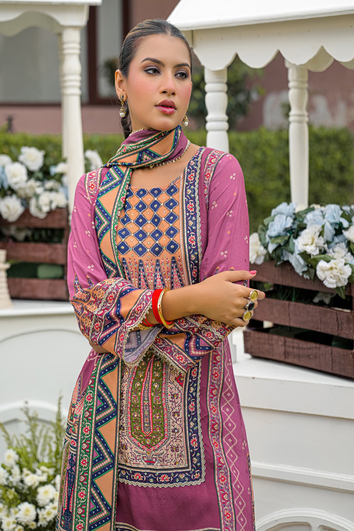 Mauve Pink Muslin Handwork Straight Suit Set With Dupatta