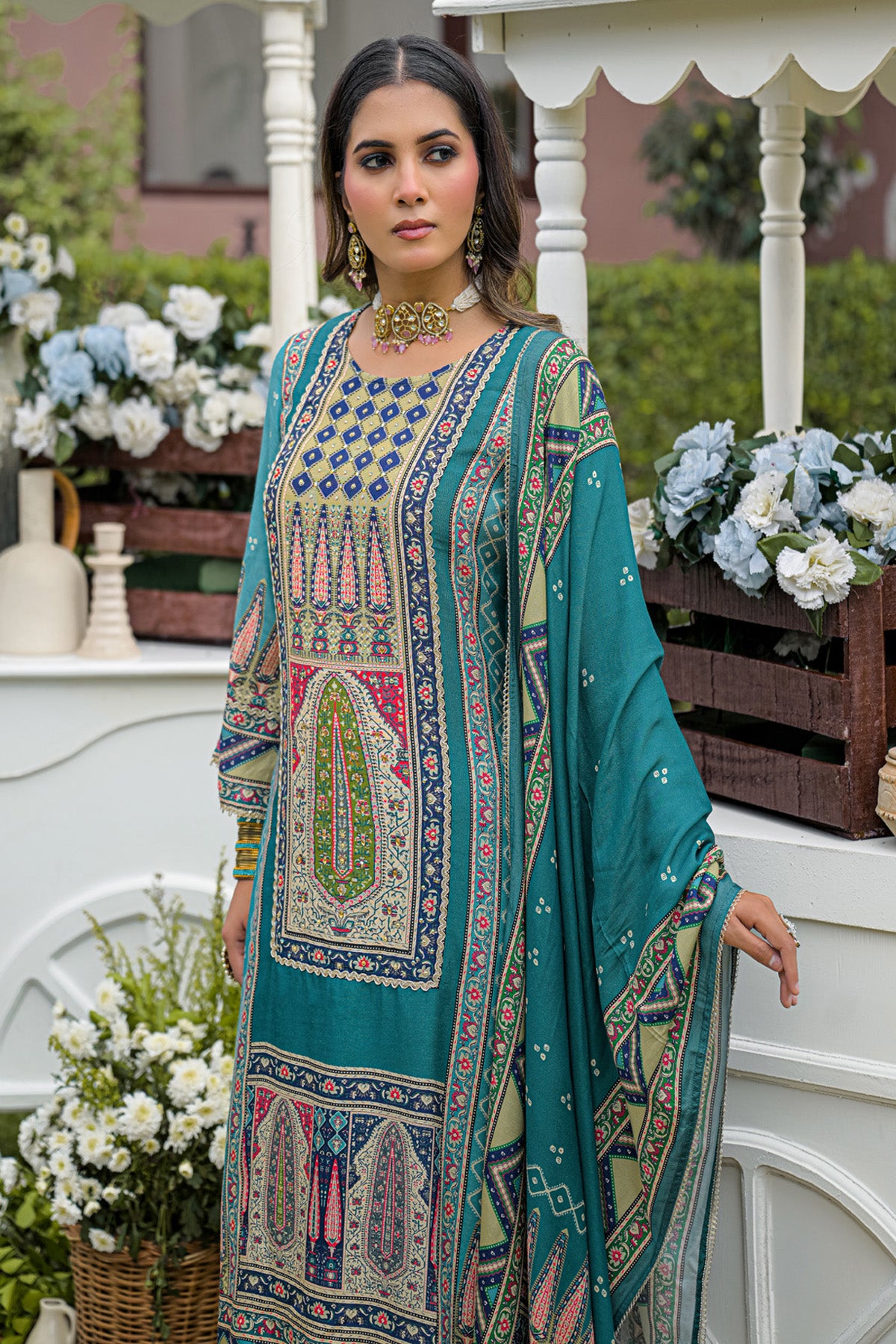 Teal Green Muslin Handwork Straight Suit Set With Dupatta