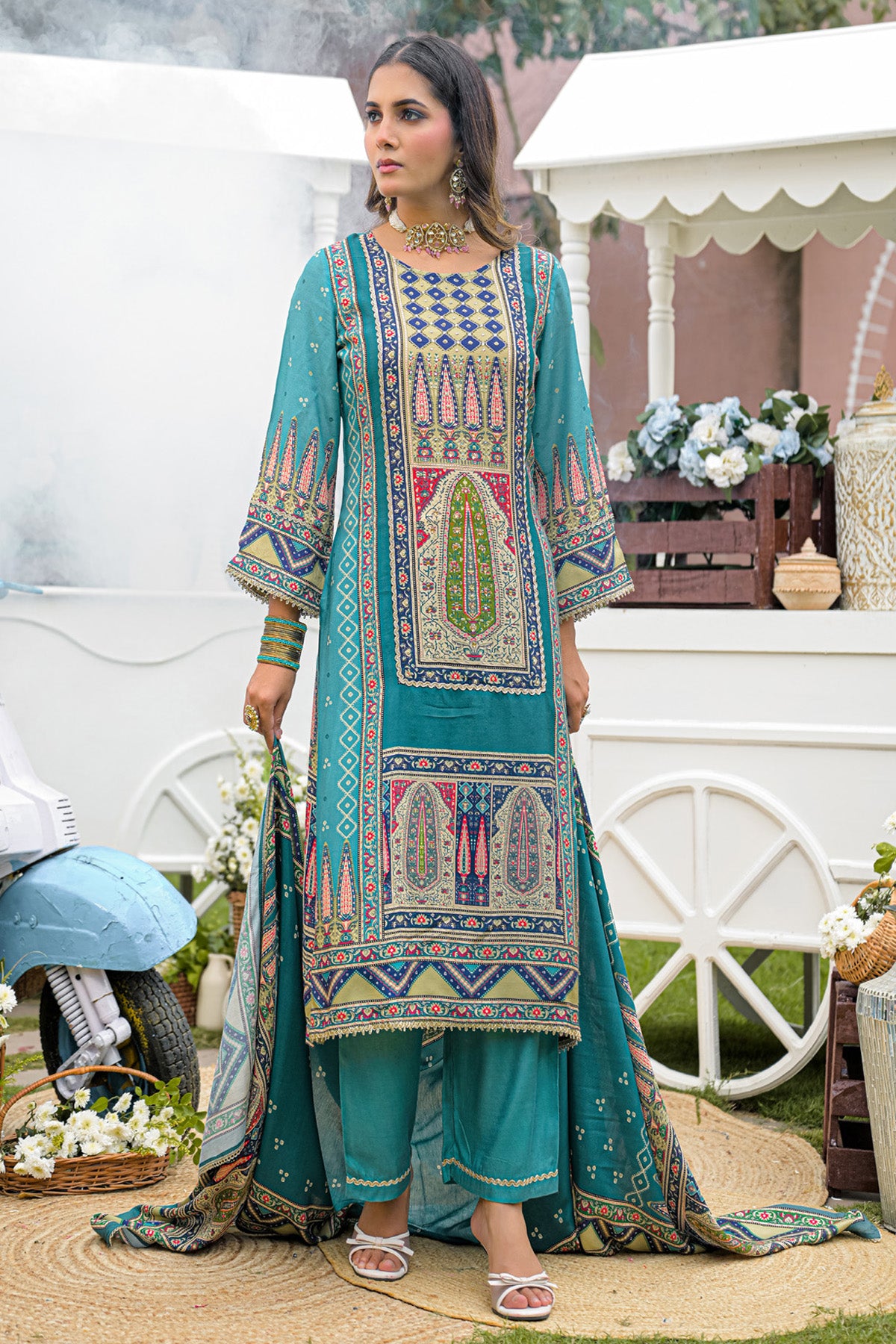 Teal Green Muslin Handwork Straight Suit Set With Dupatta