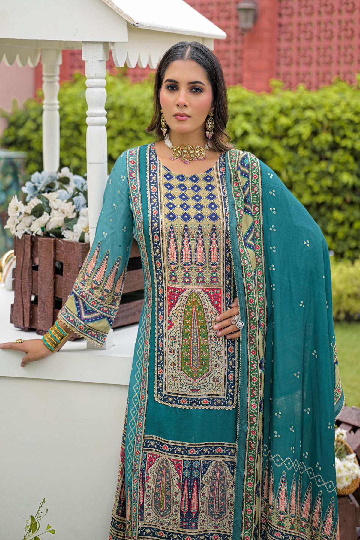 Teal Green Muslin Handwork Straight Suit Set With Dupatta
