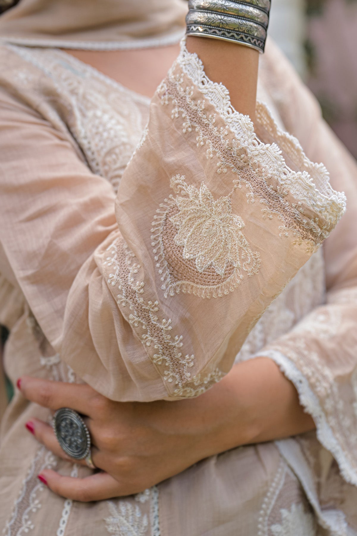 Champagne Beige Mul Chanderi Embroidered Straight Suit Set With Dupatta