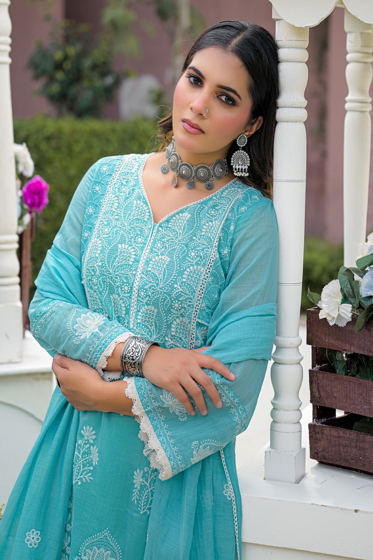 Turquoise Blue Mul Chanderi Embroidered Straight Suit Set With Dupatta