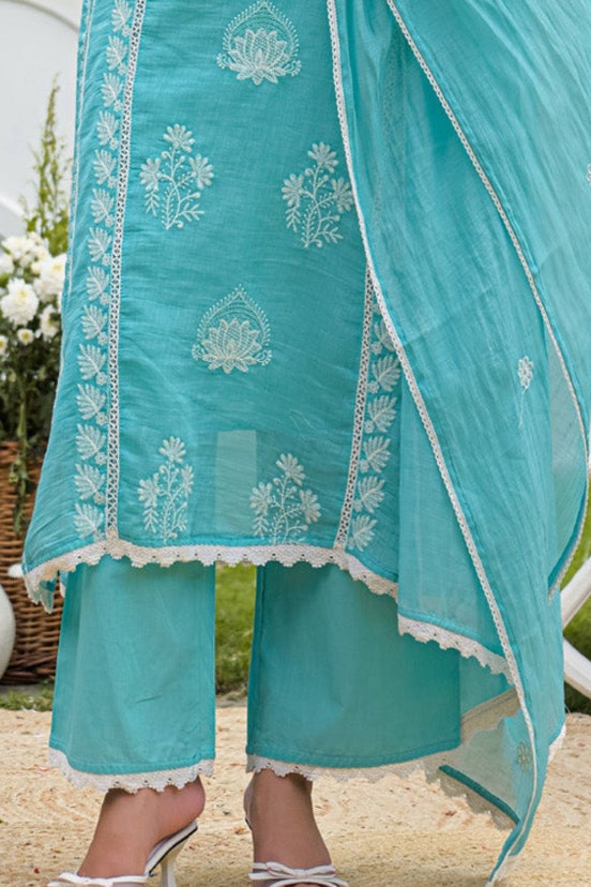 Turquoise Blue Mul Chanderi Embroidered Straight Suit Set With Dupatta