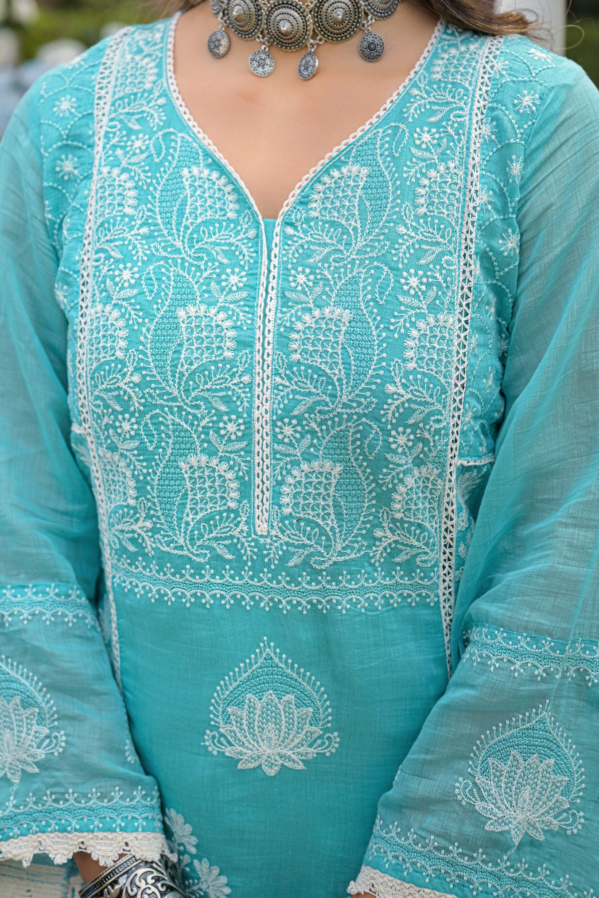 Turquoise Blue Mul Chanderi Embroidered Straight Suit Set With Dupatta