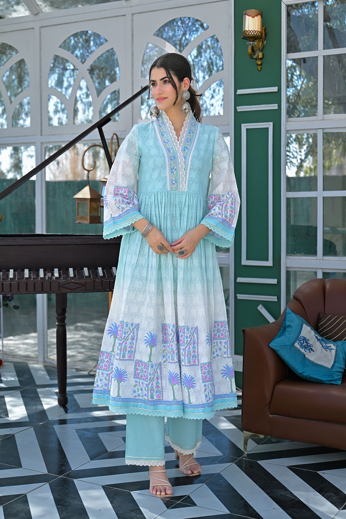 Sky Blue Cotton Embroidered Anarkali Suit