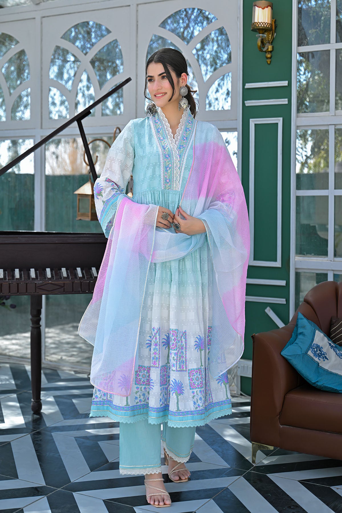 Sky Blue Cotton Embroidered Anarkali Suit