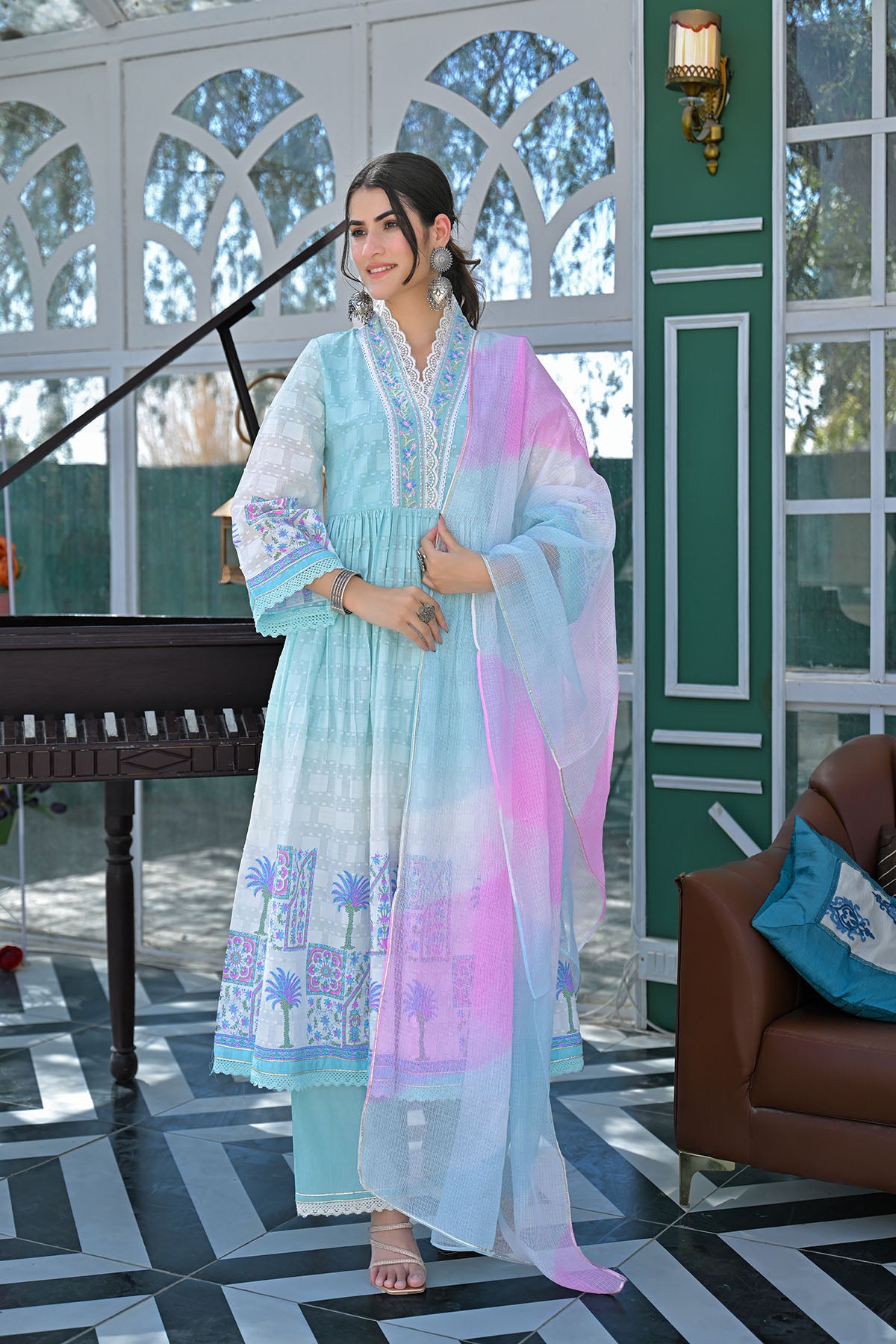 Sky Blue Cotton Embroidered Anarkali Suit