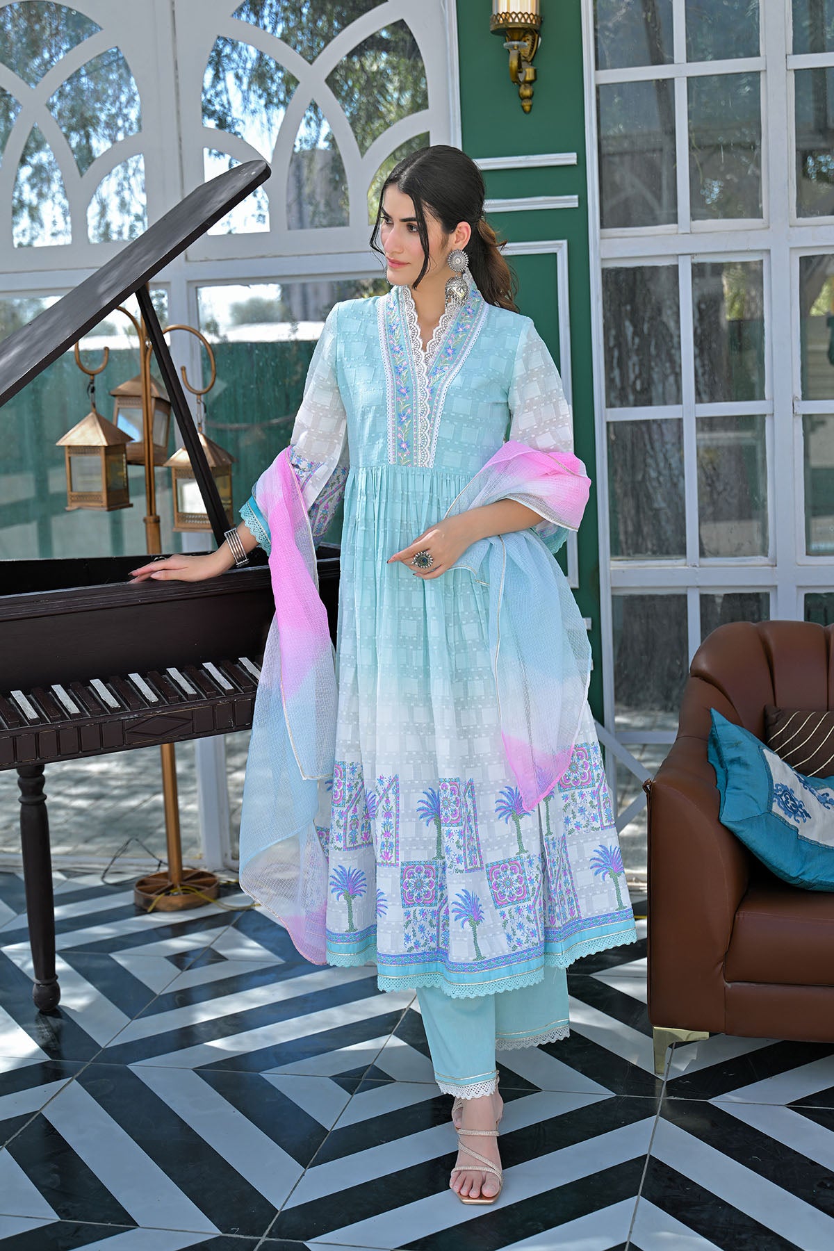 Sky Blue Cotton Embroidered Anarkali Suit