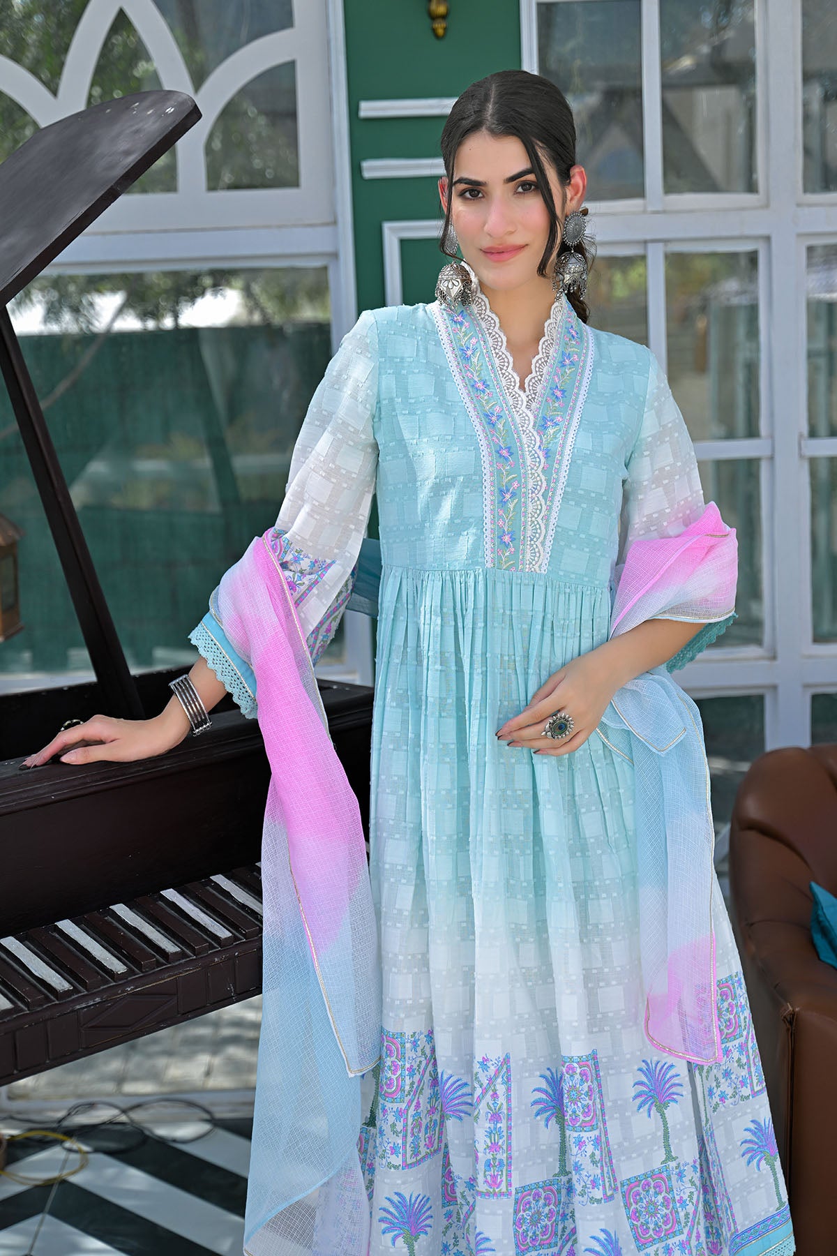Sky Blue Cotton Embroidered Anarkali Suit