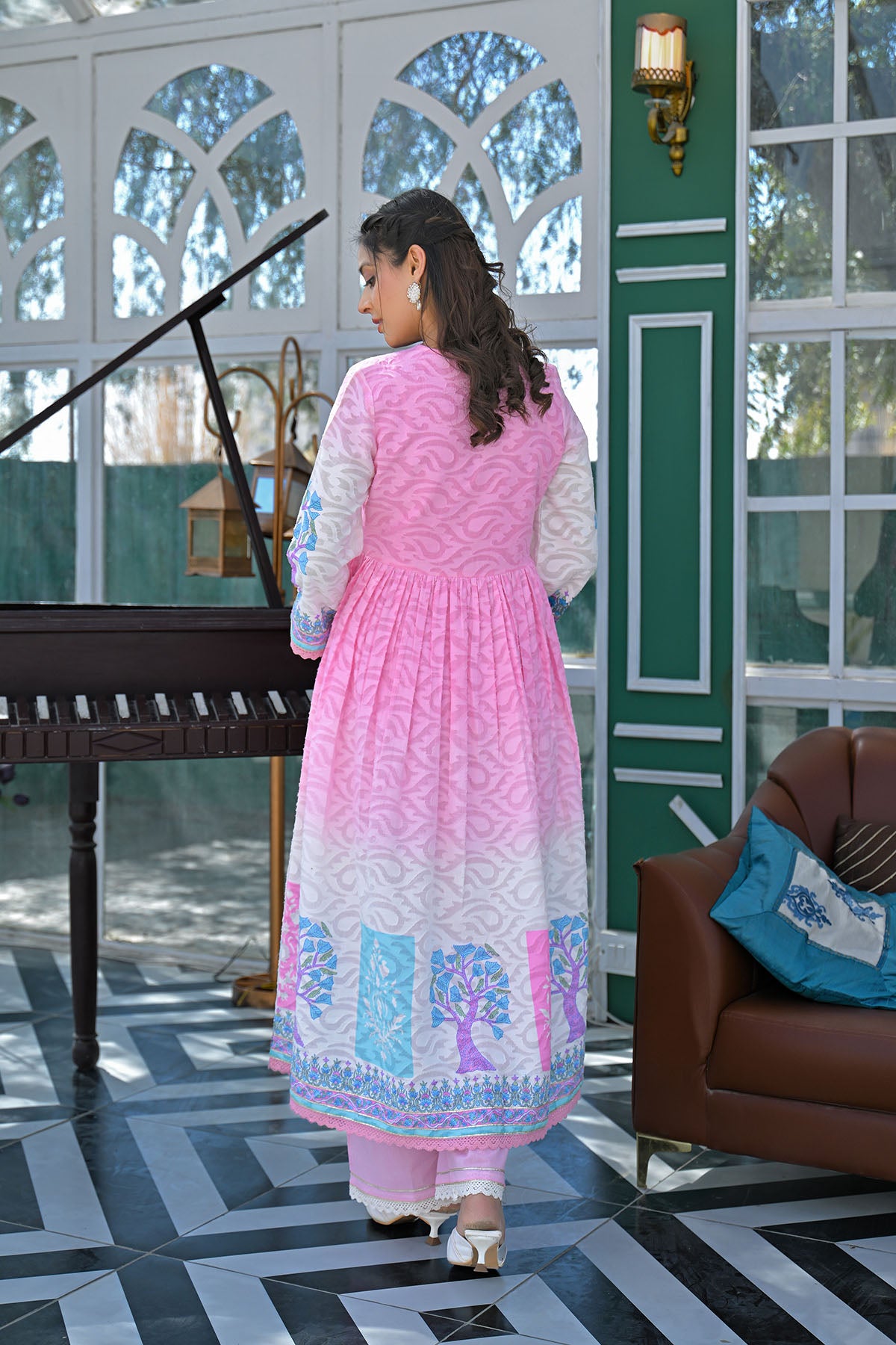 Pink Cotton Floral Embroidered Anarkali Suit
