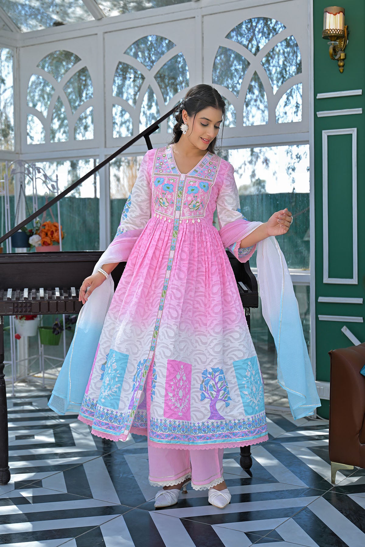 Pink Cotton Floral Embroidered Anarkali Suit