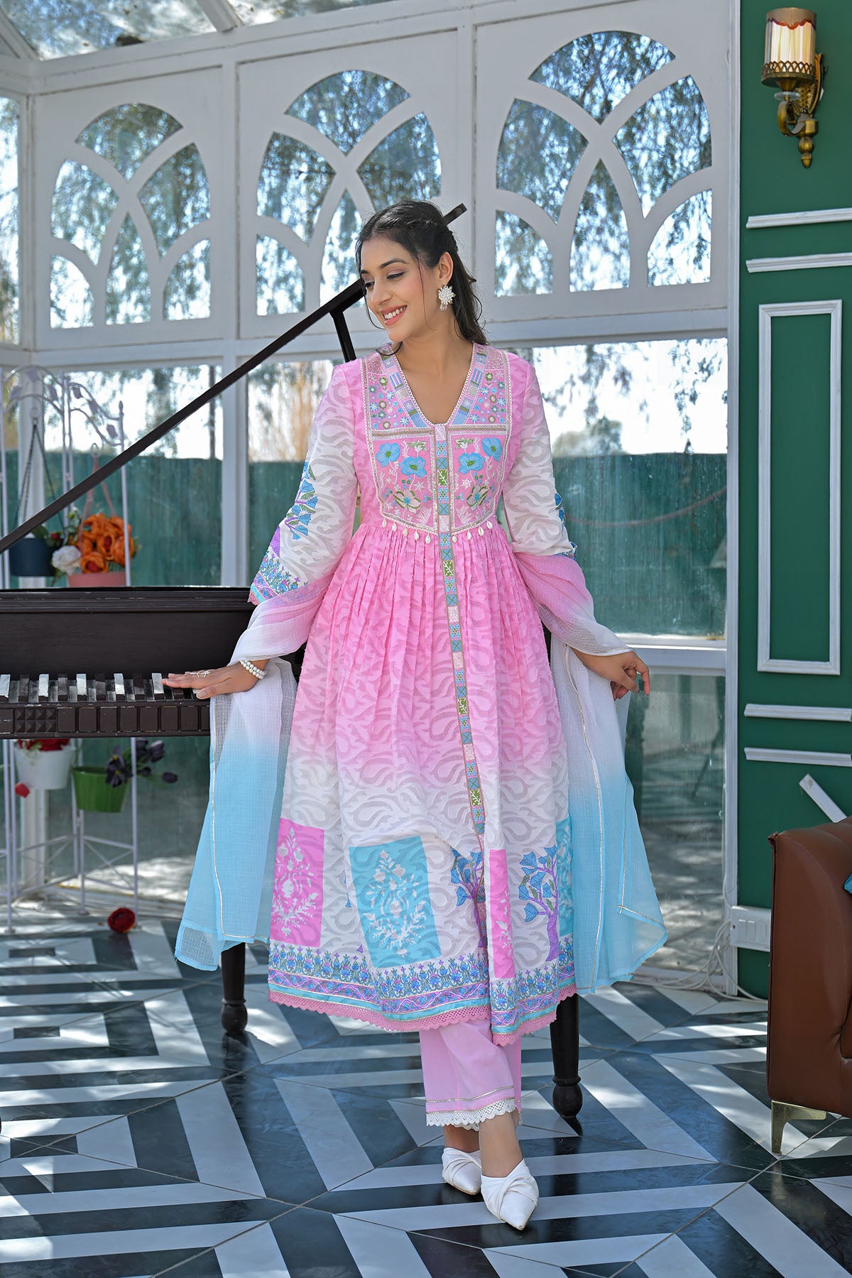 Pink Cotton Floral Embroidered Anarkali Suit