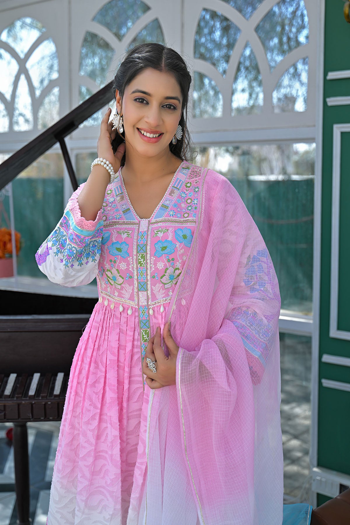 Pink Cotton Floral Embroidered Anarkali Suit