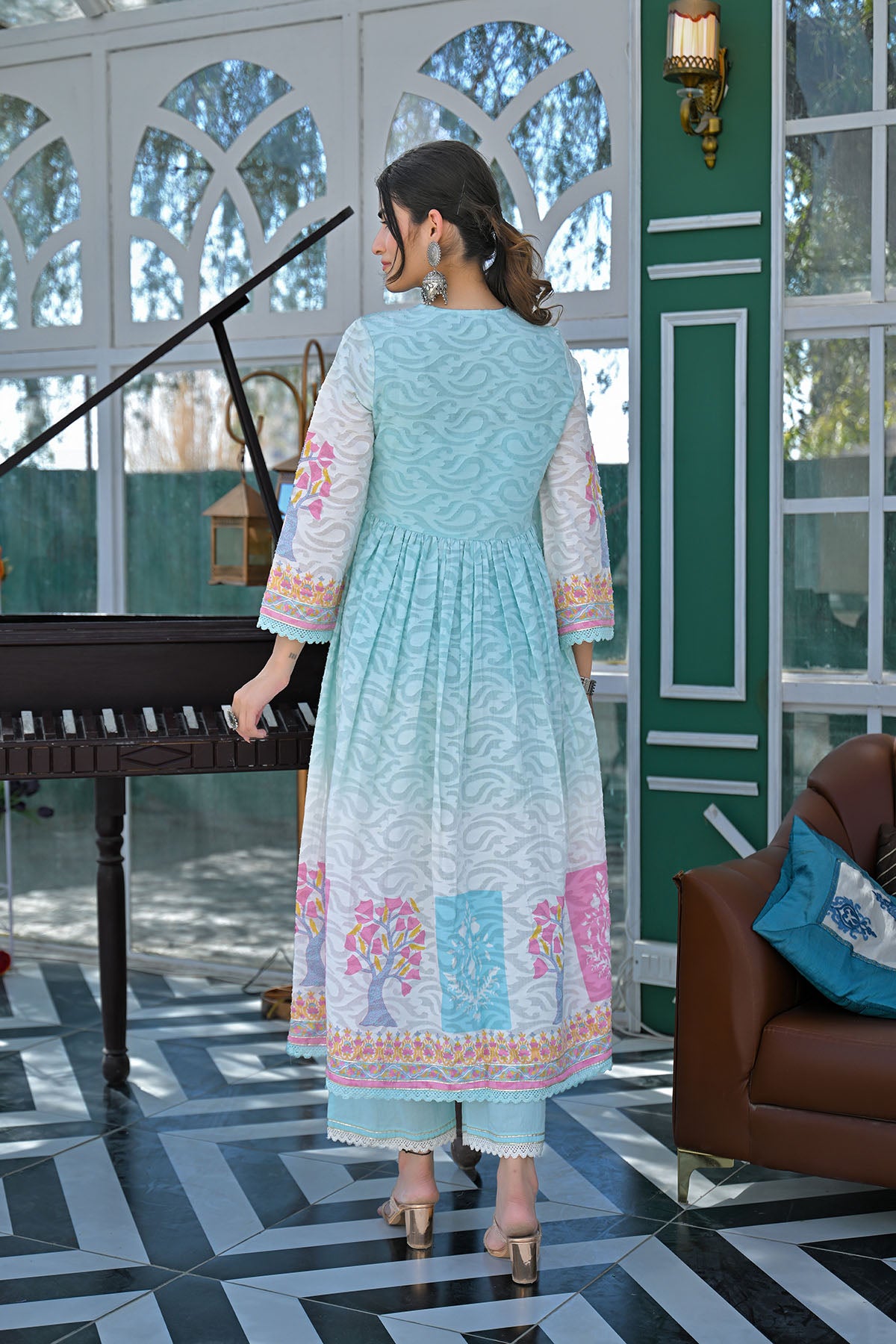 Sky Blue Floral Cotton Embroidered Anarkali Suit