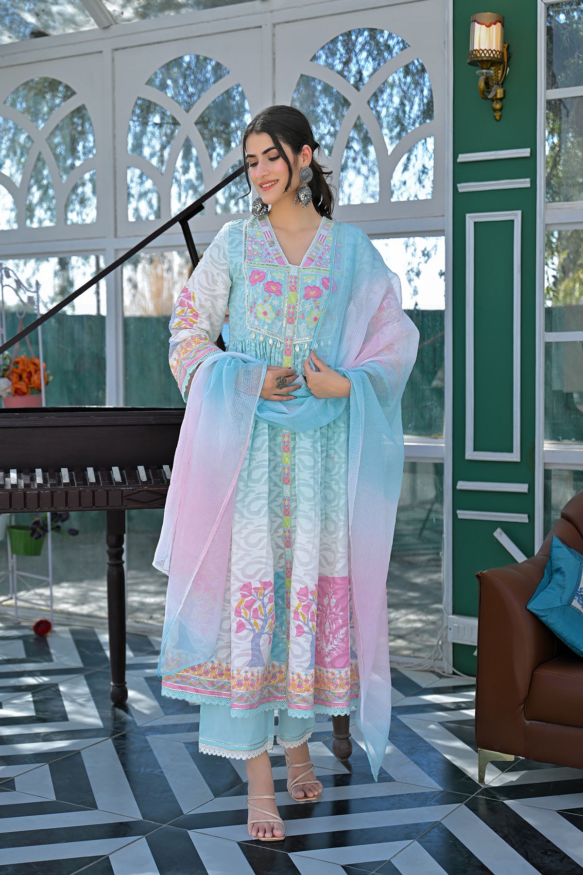 Sky Blue Floral Cotton Embroidered Anarkali Suit