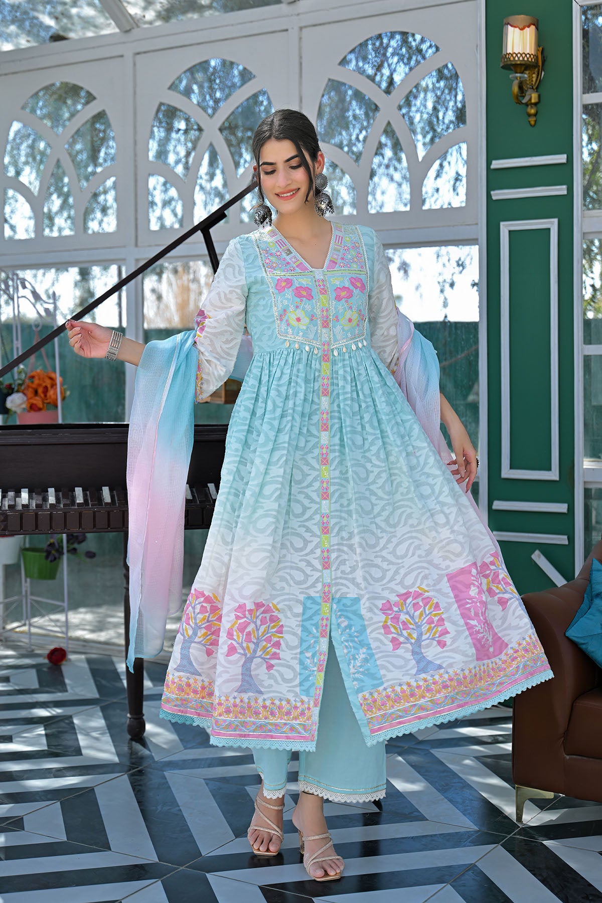 Sky Blue Floral Cotton Embroidered Anarkali Suit
