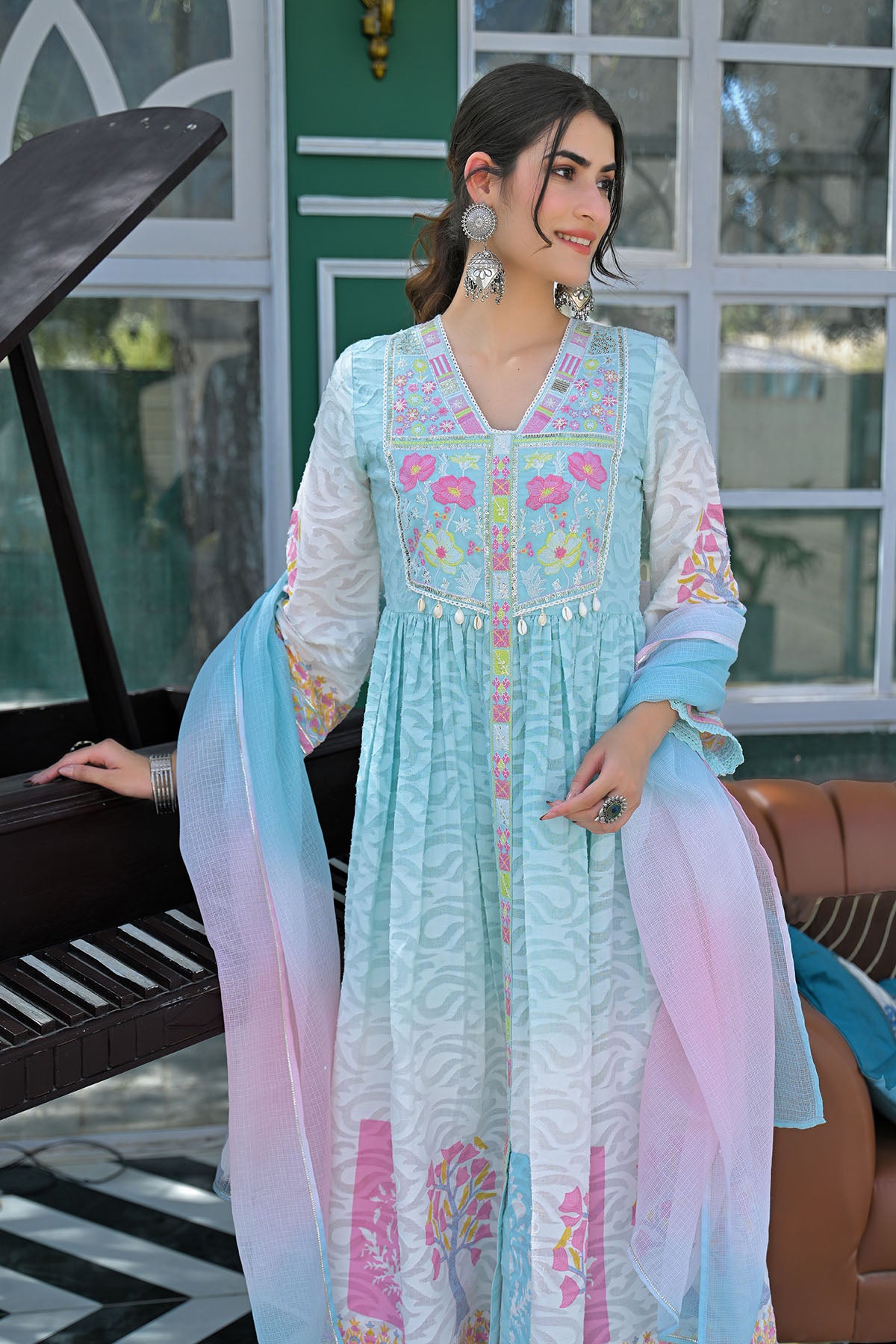 Sky Blue Floral Cotton Embroidered Anarkali Suit