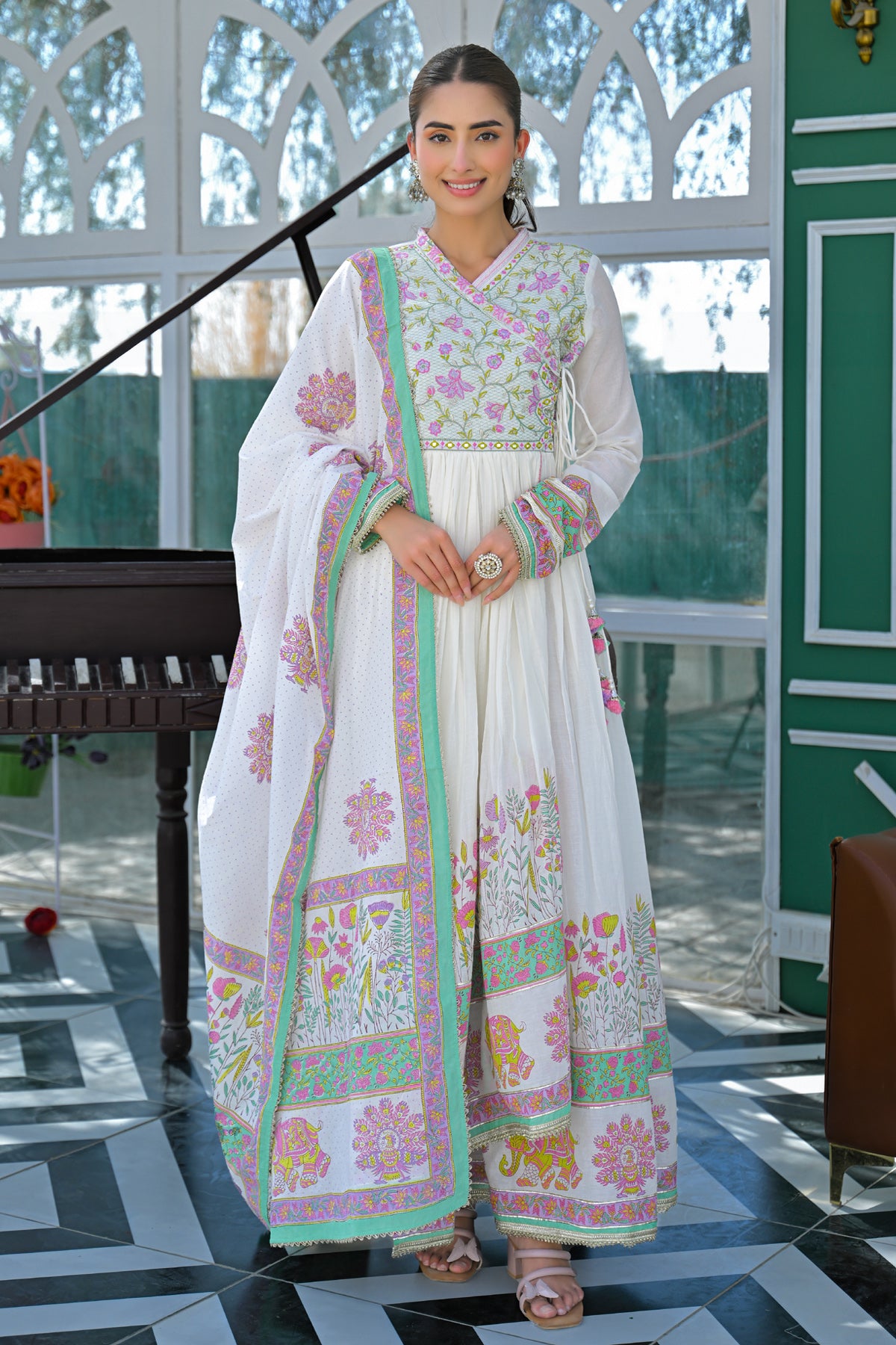 Green Mul Mul Embroidered Gown Set