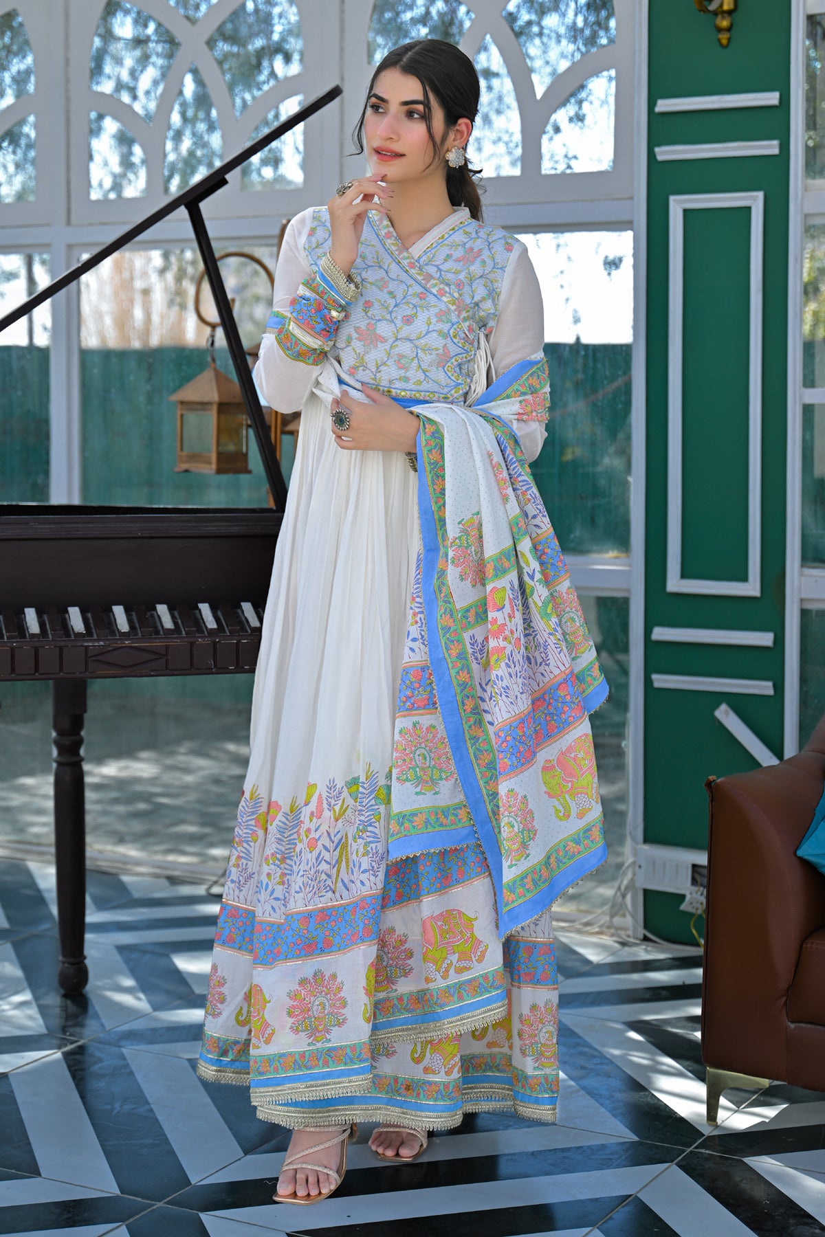 Blue Mul Mul Embroidered Gown Set