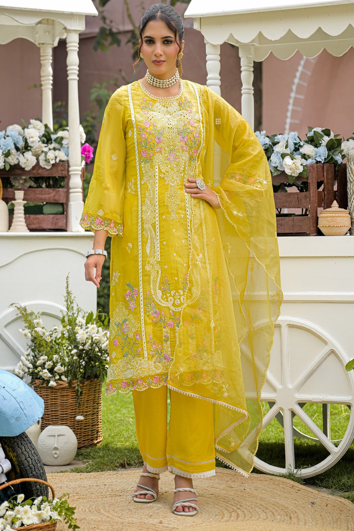 Mustard Yellow Gold Crush Embroidered Straight Suit Set With Dupatta