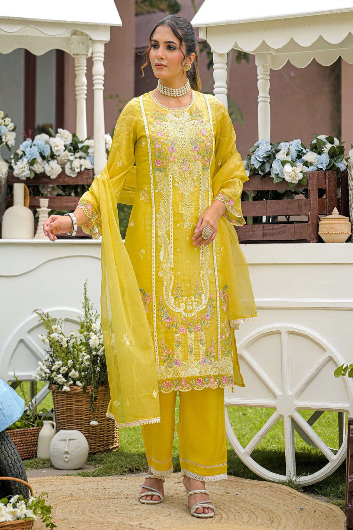 Mustard Yellow Gold Crush Embroidered Straight Suit Set With Dupatta
