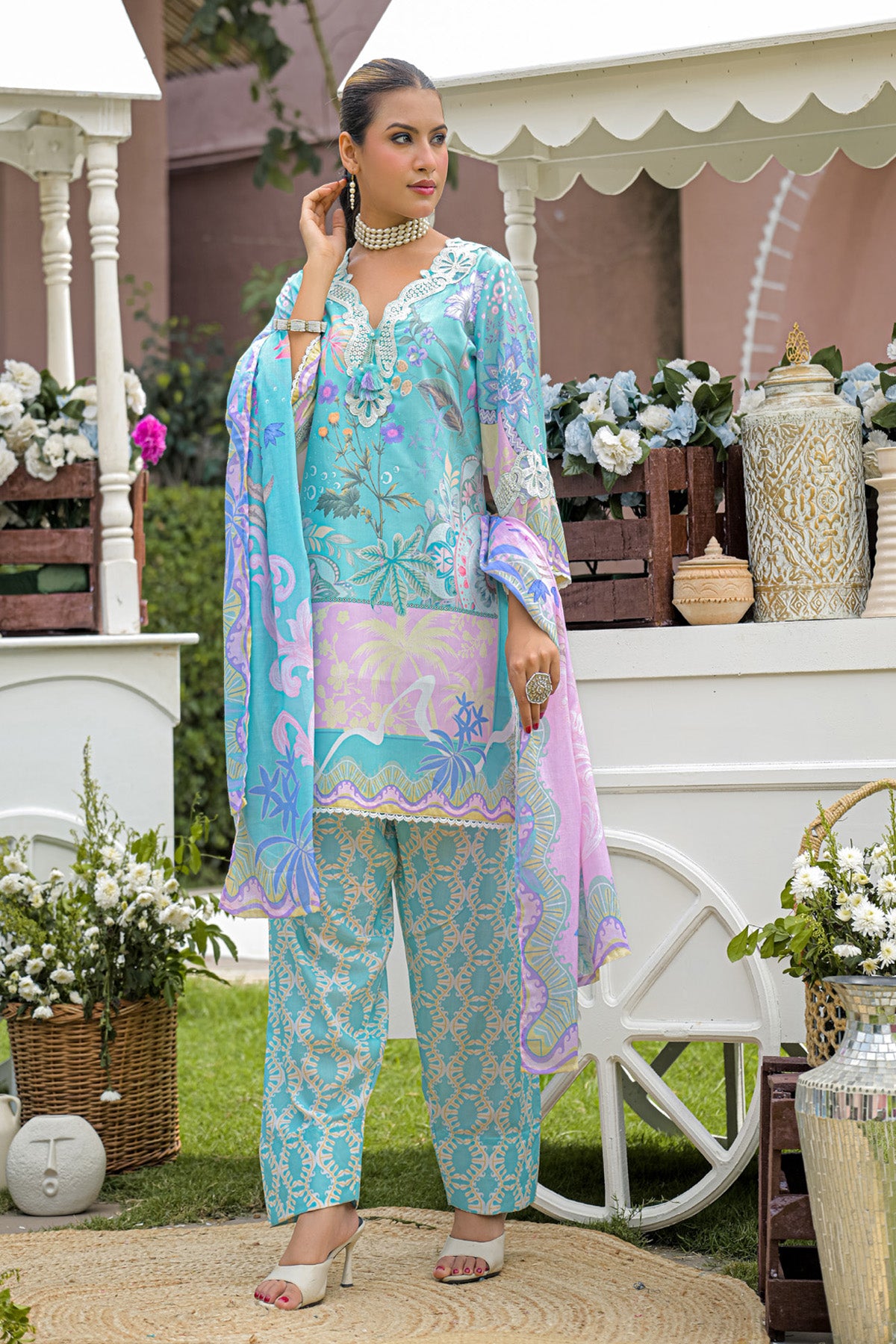 Turquoise Blue Cotton Applique Work Farshi Suit Set With Dupatta