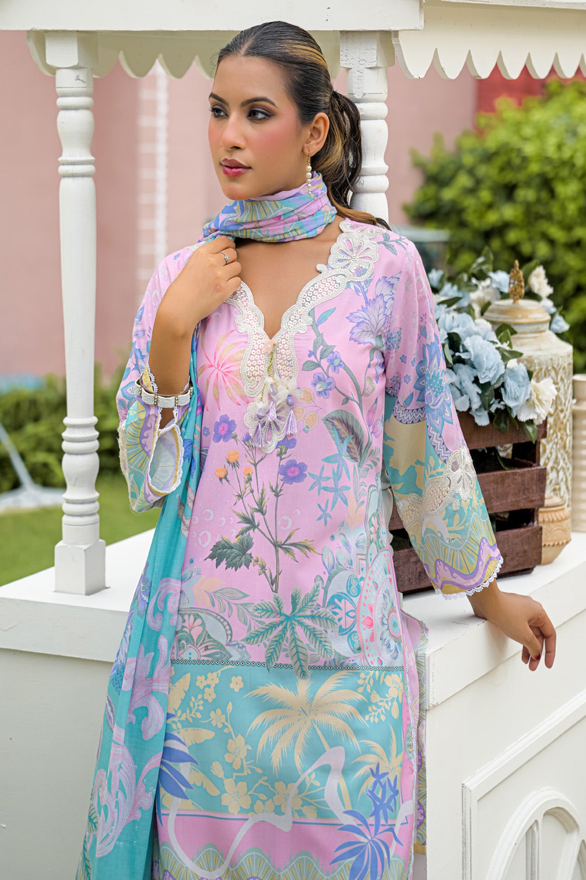 Pastel Lavender Cotton Applique Work Farshi Suit Set With Dupatta