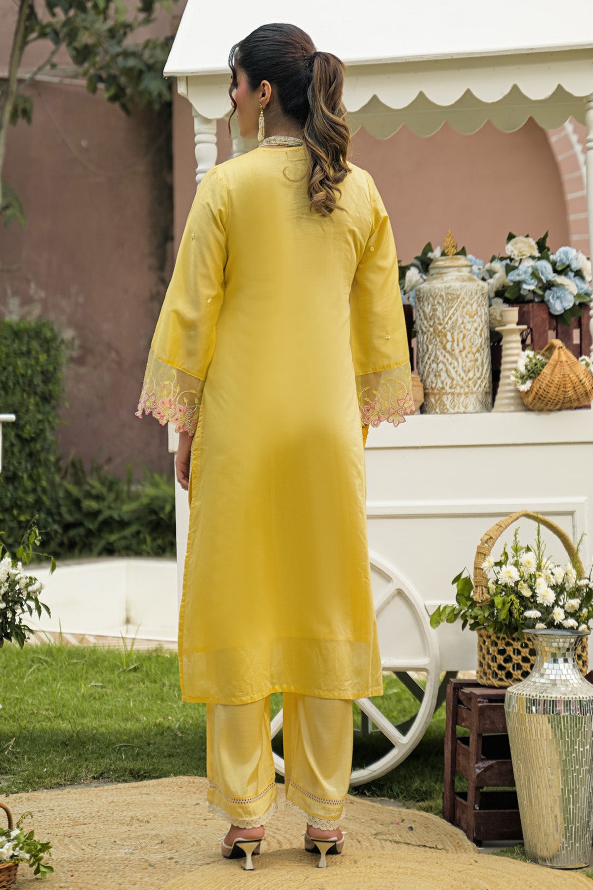 Lemon Yellow Chanderi Embroidered Straight Suit Set With Dupatta