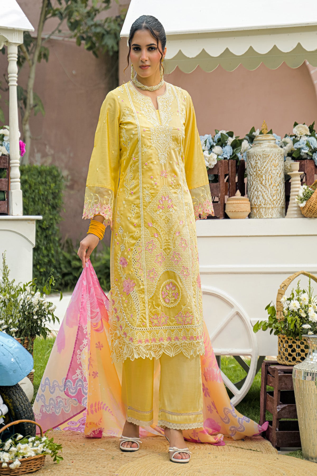 Lemon Yellow Chanderi Embroidered Straight Suit Set With Dupatta