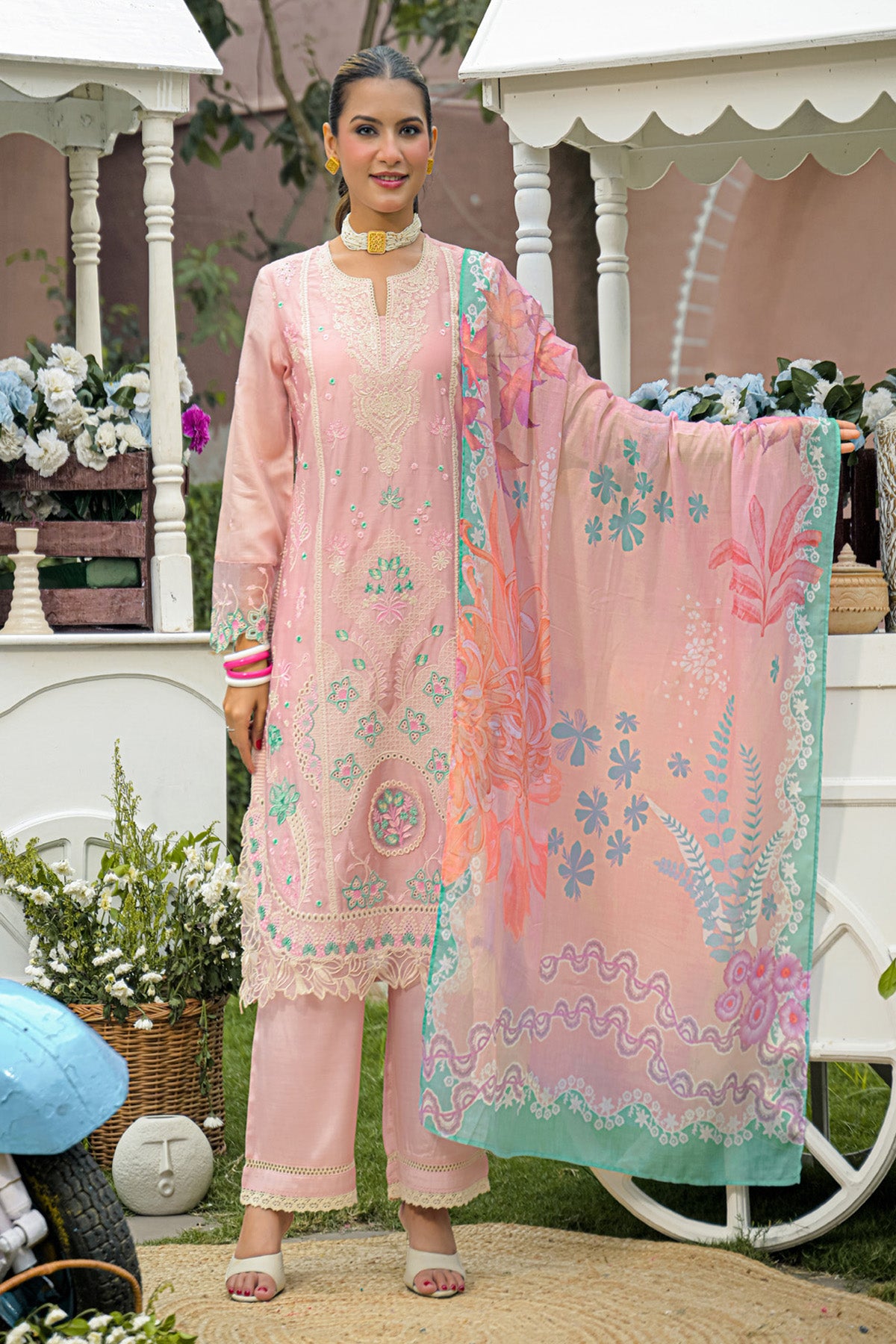 Dusty Pink Chanderi Embroidered Straight Suit Set With Dupatta