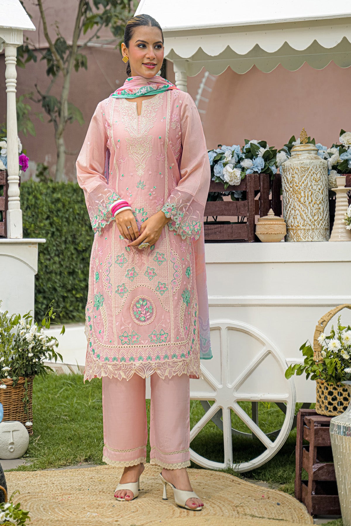 Dusty Pink Chanderi Embroidered Straight Suit Set With Dupatta