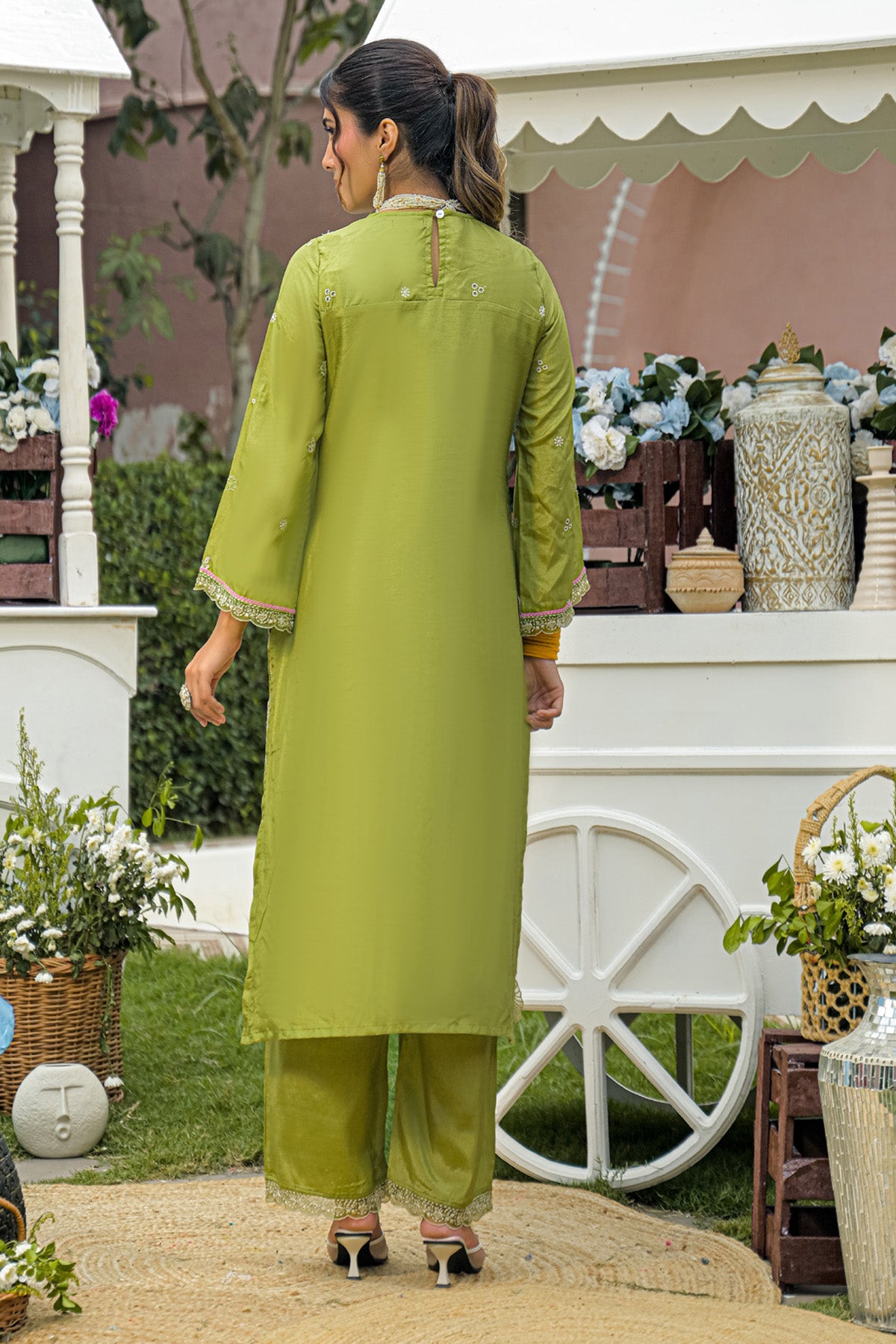 Olive Green Dola Silk Embroidered Straight Suit Set With Dupatta