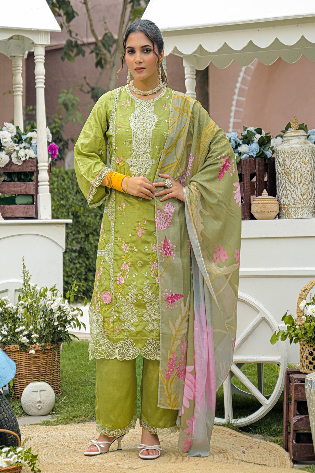 Olive Green Dola Silk Embroidered Straight Suit Set With Dupatta