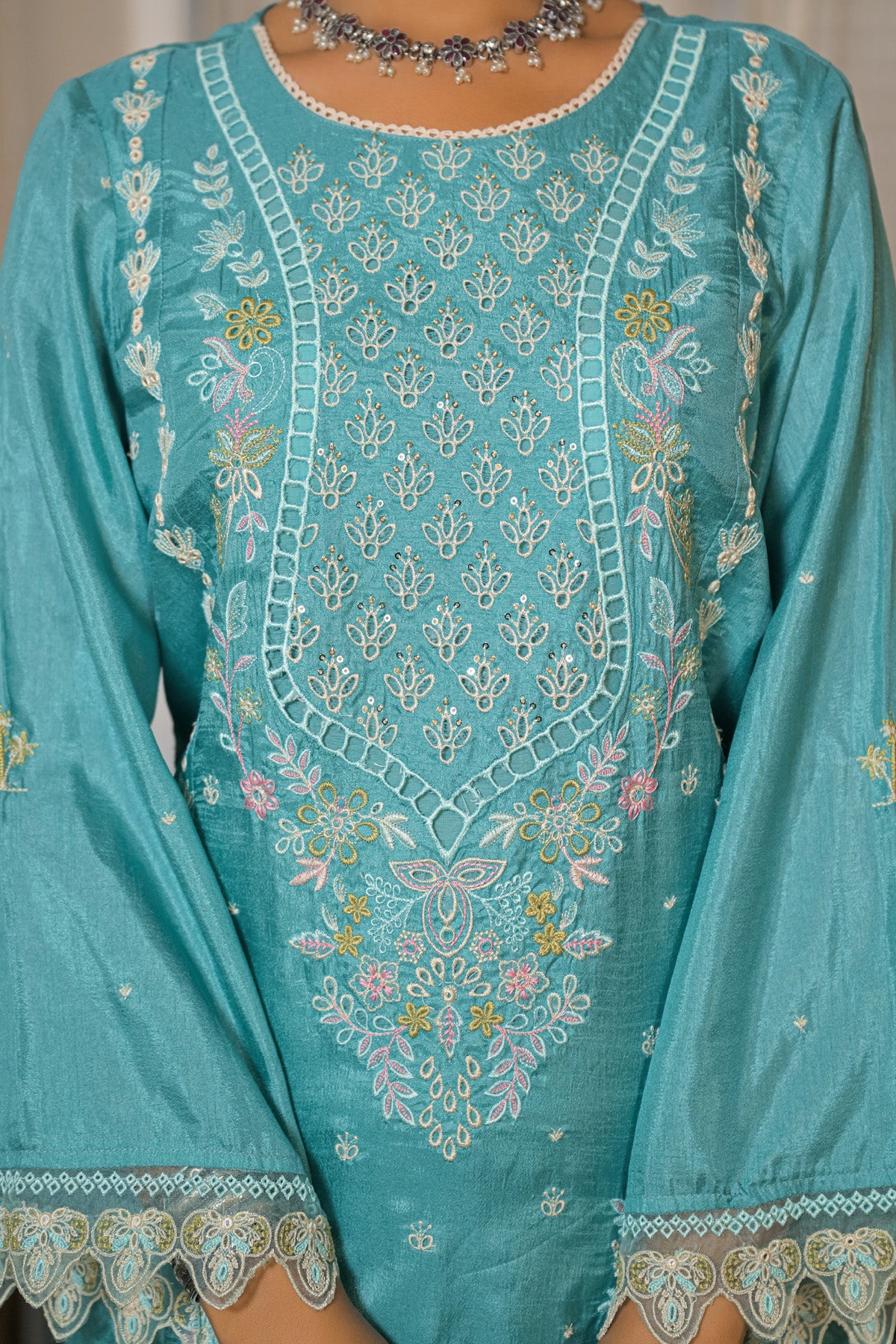 Teal Blue Dola Silk Embroidered Straight Suit Set With Dupatta