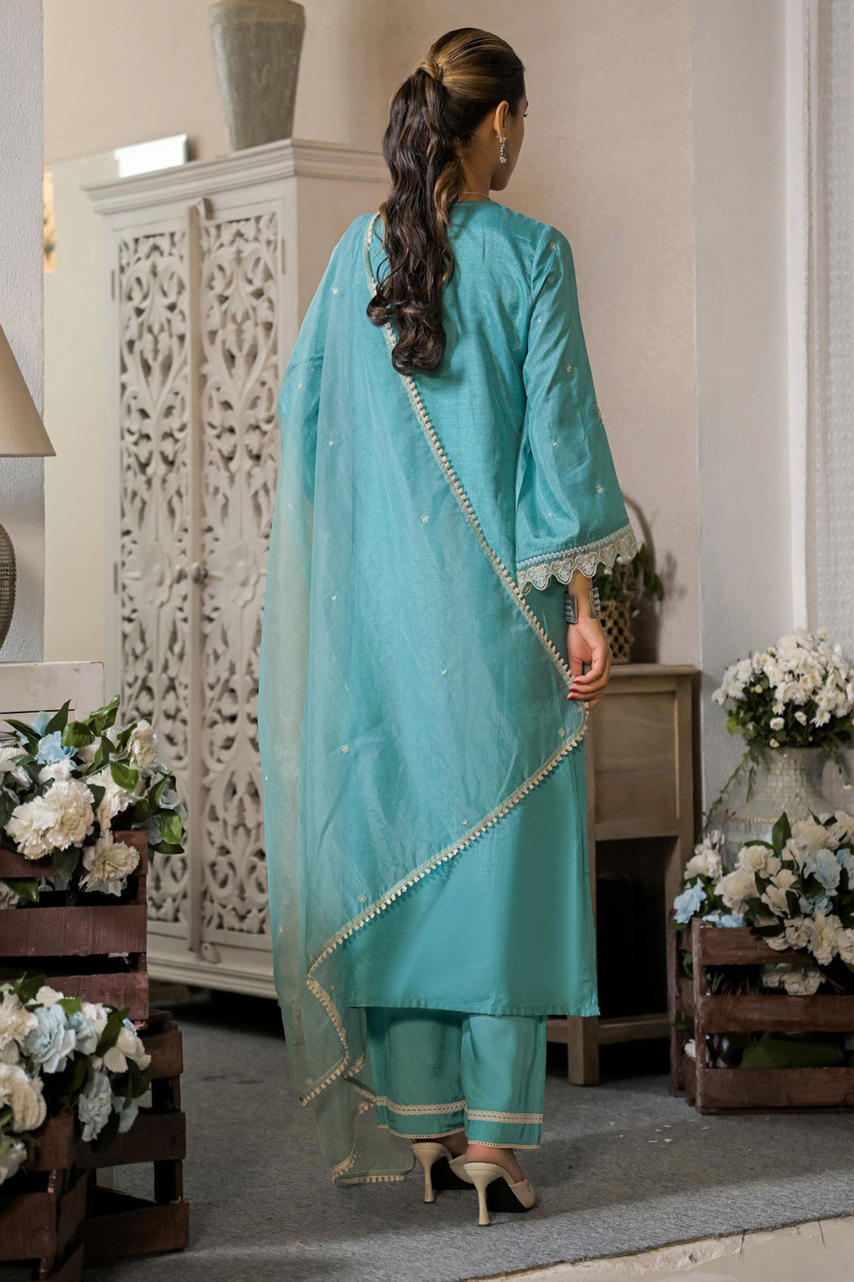 Teal Blue Dola Silk Embroidered Straight Suit Set With Dupatta