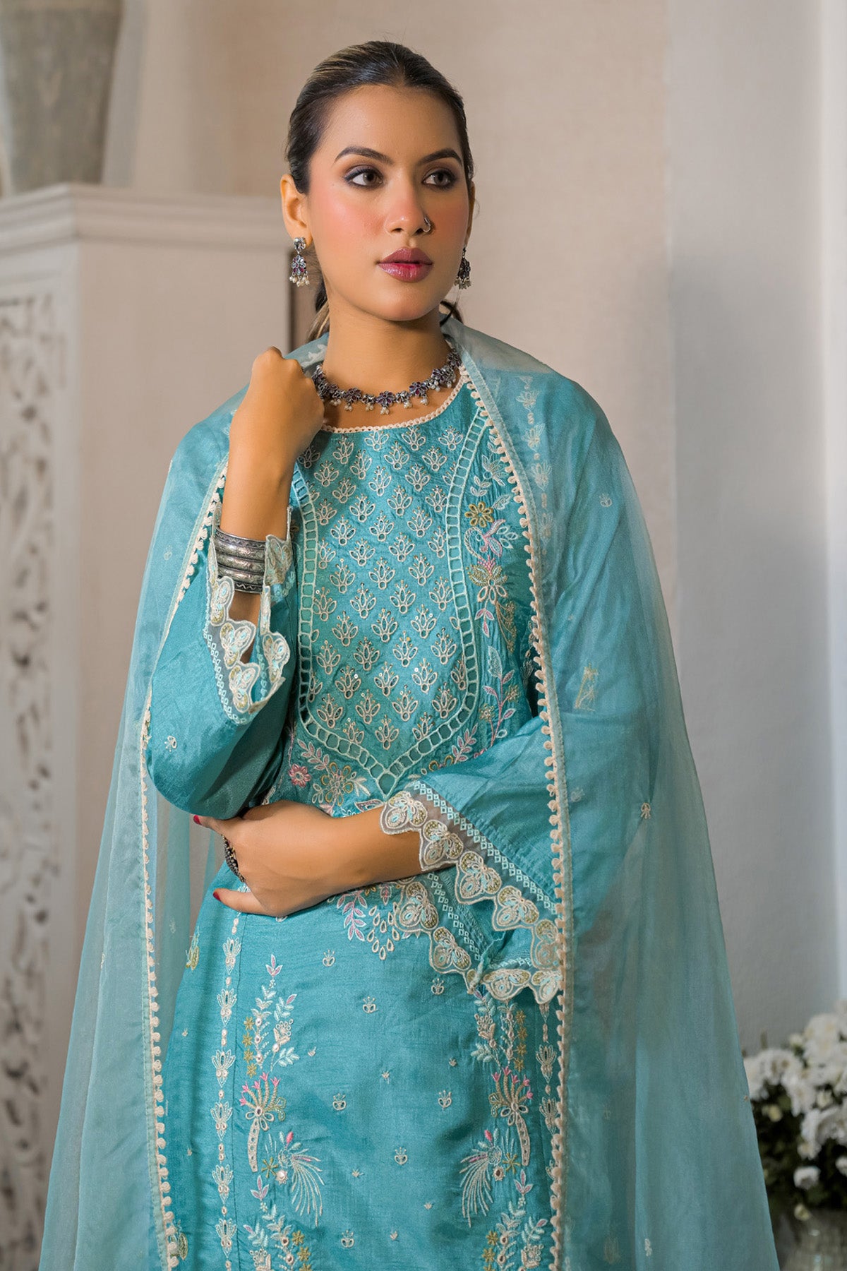 Teal Blue Dola Silk Embroidered Straight Suit Set With Dupatta