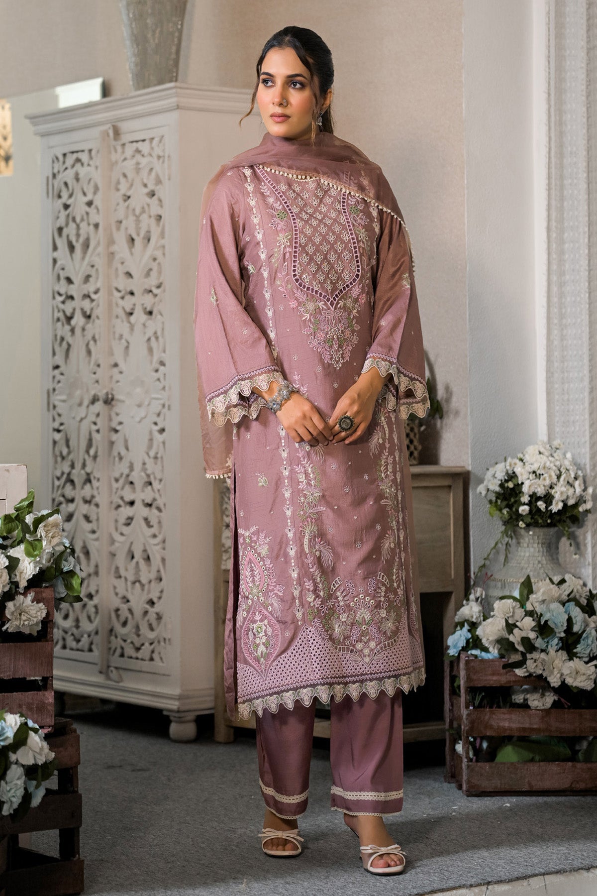 Mauve Dola Silk Embroidered Straight Suit Set With Dupatta