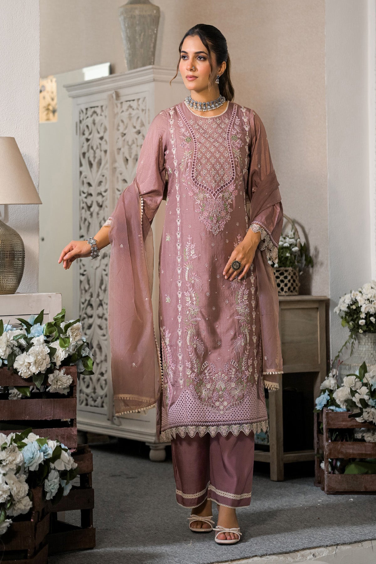Mauve Dola Silk Embroidered Straight Suit Set With Dupatta