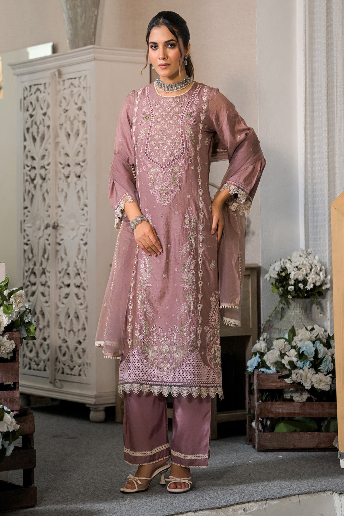 Mauve Dola Silk Embroidered Straight Suit Set With Dupatta