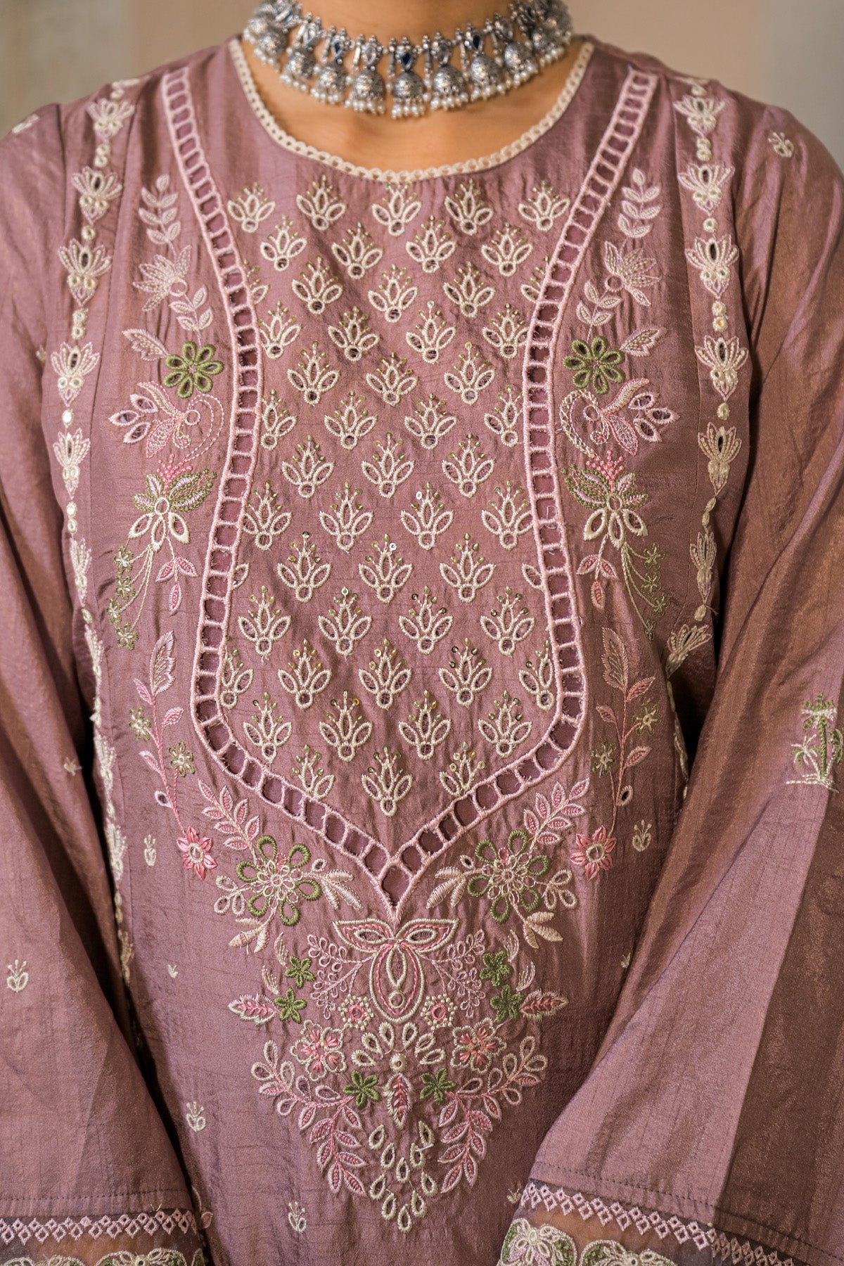 Mauve Dola Silk Embroidered Straight Suit Set With Dupatta