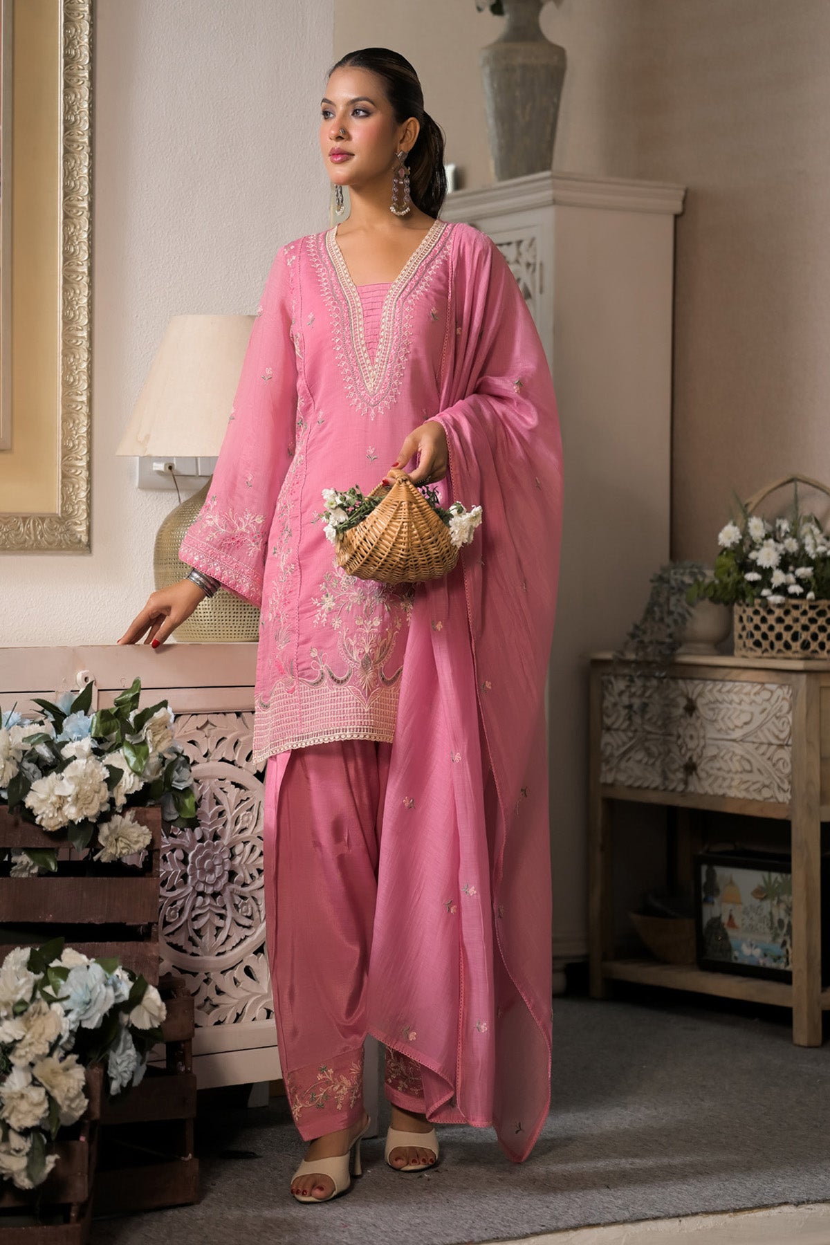 Rose Pink Mul Chanderi Embroidered Farshi Suit Set With Dupatta